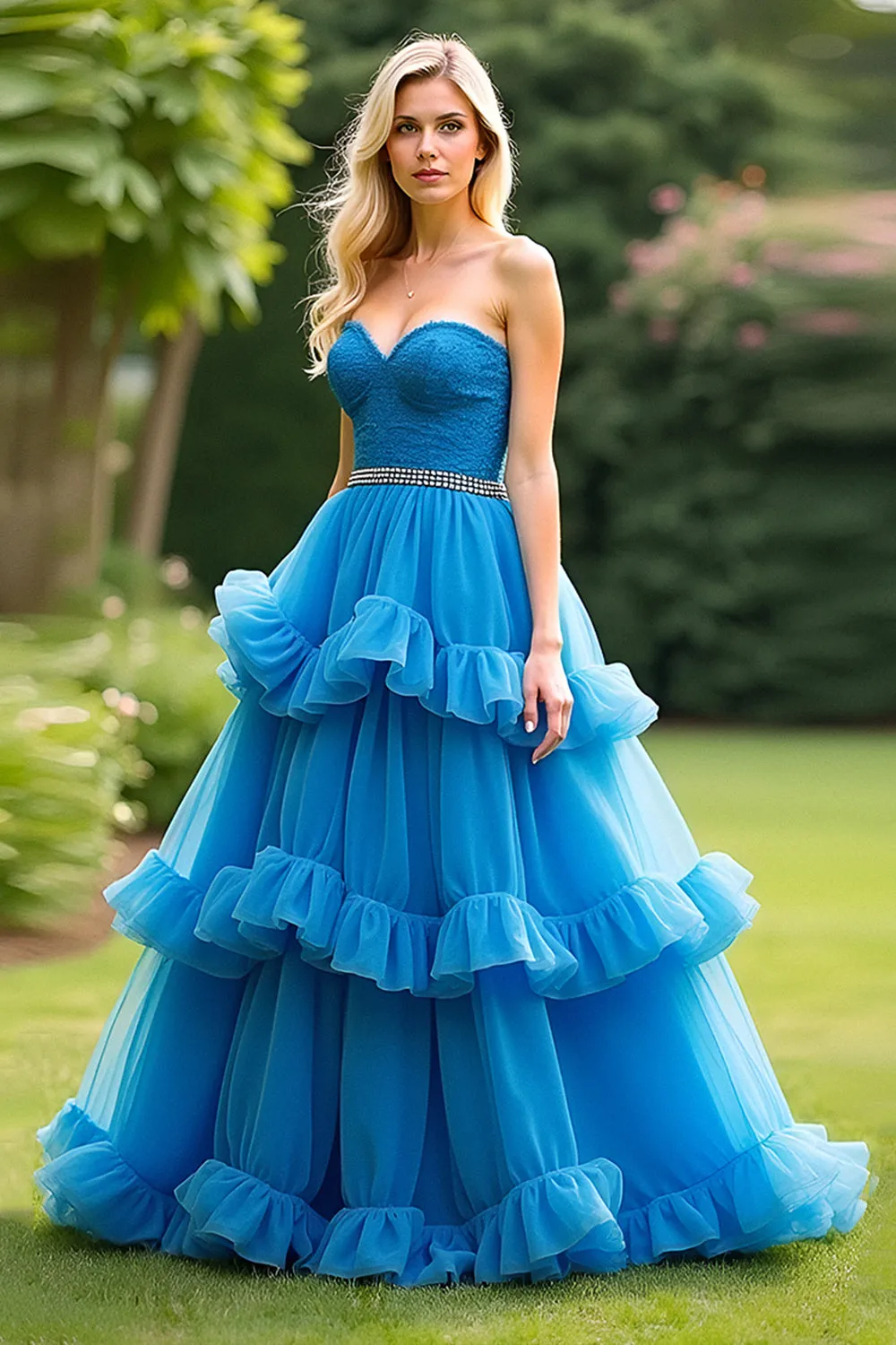 Blue A Line Sweetheart Ruffled Tiered Prom Dress sold by Zapaka product image thumbnail 2