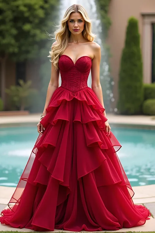 A Line Lace Red Sweetheart Long Prom Dress sold by Zapaka