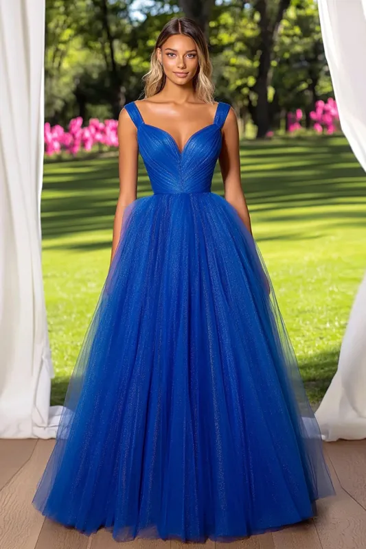 Sparkly Royal Blue V Neck Tulle Ruched Prom Dress sold by Zapaka
