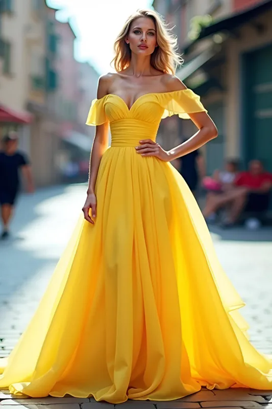 Chiffon Long A Line Yellow Off The Shoulder Prom Dress sold by Zapaka