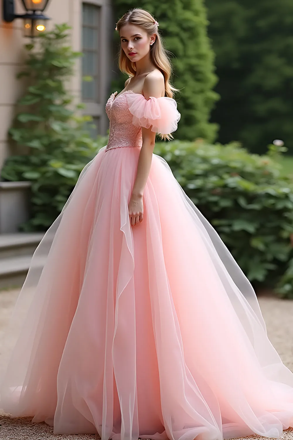 Pink Ball Gown Off the Shoulder Ruffles Tulle Long Prom Dress sold by Zapaka product image thumbnail 3
