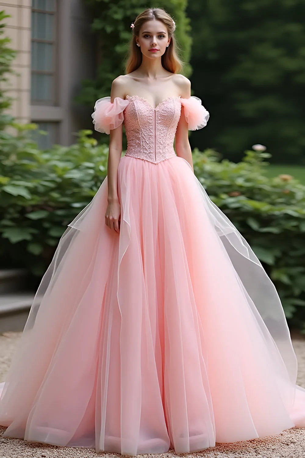 Pink Ball Gown Off the Shoulder Ruffles Tulle Long Prom Dress sold by Zapaka