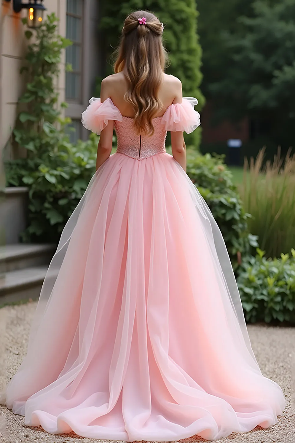 Pink Ball Gown Off the Shoulder Ruffles Tulle Long Prom Dress sold by Zapaka product image thumbnail 2