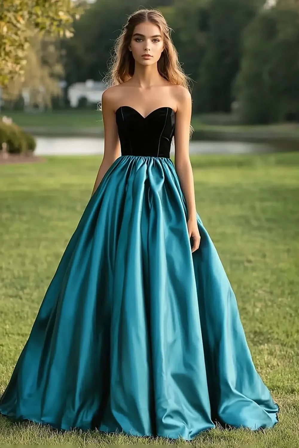 Black Peacock Blue Ball Gown Strapless Satin Pleating Long Prom Dress sold by Zapaka