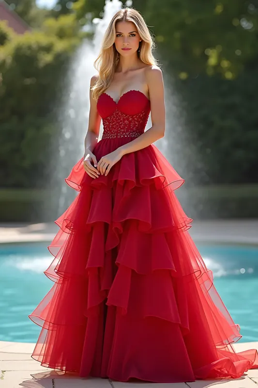 A Line Ruffled Red Organza Sweetheart Long Prom Dress sold by Zapaka
