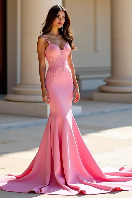 Pink Mermaid Satin Spaghetti Straps Long Prom Dress with Appliques sold by Zapaka