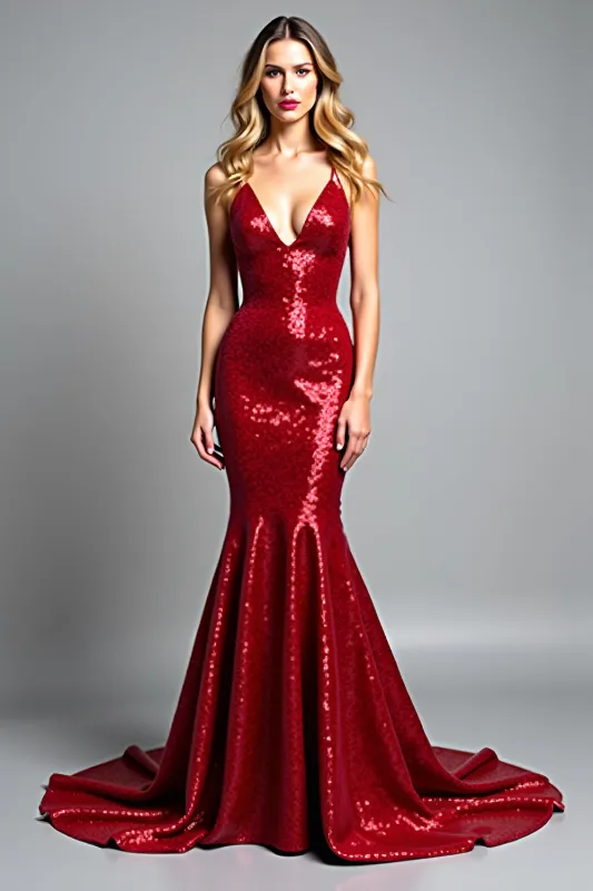 Red Mermaid Spaghetti Straps Sequined Prom Dress sold by Zapaka