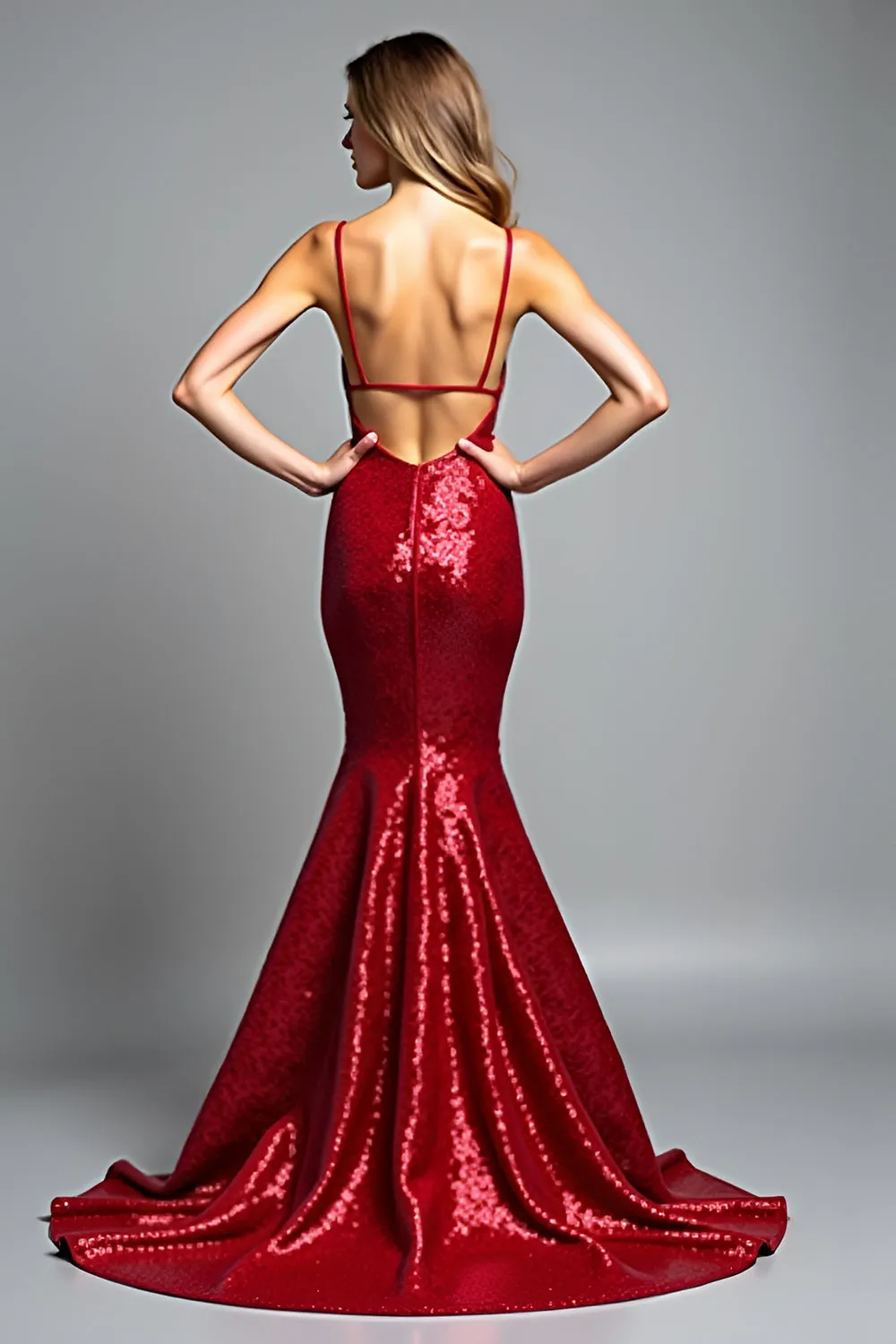 Red Mermaid Spaghetti Straps Sequined Prom Dress sold by Zapaka product image thumbnail 2