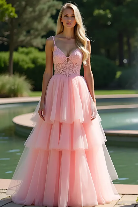 Pink Spaghetti Strap A Line Long Appliqued Ruffled Prom Dress sold by Zapaka