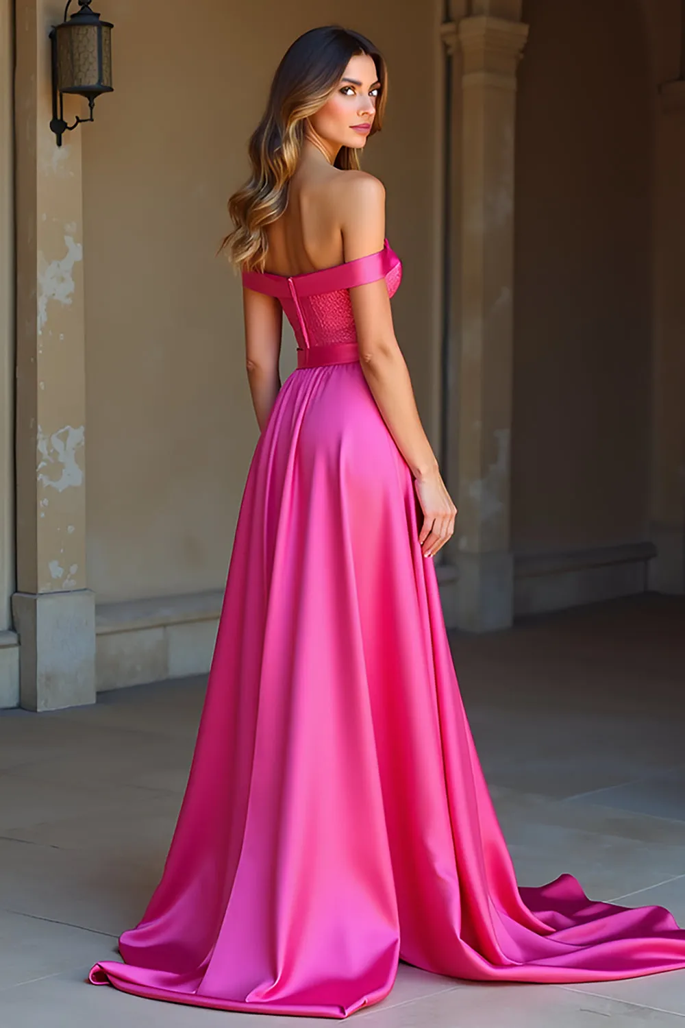 Satin Off The Shoulder A Line Simple Fuchsia Prom Dress sold by Zapaka product image thumbnail 2