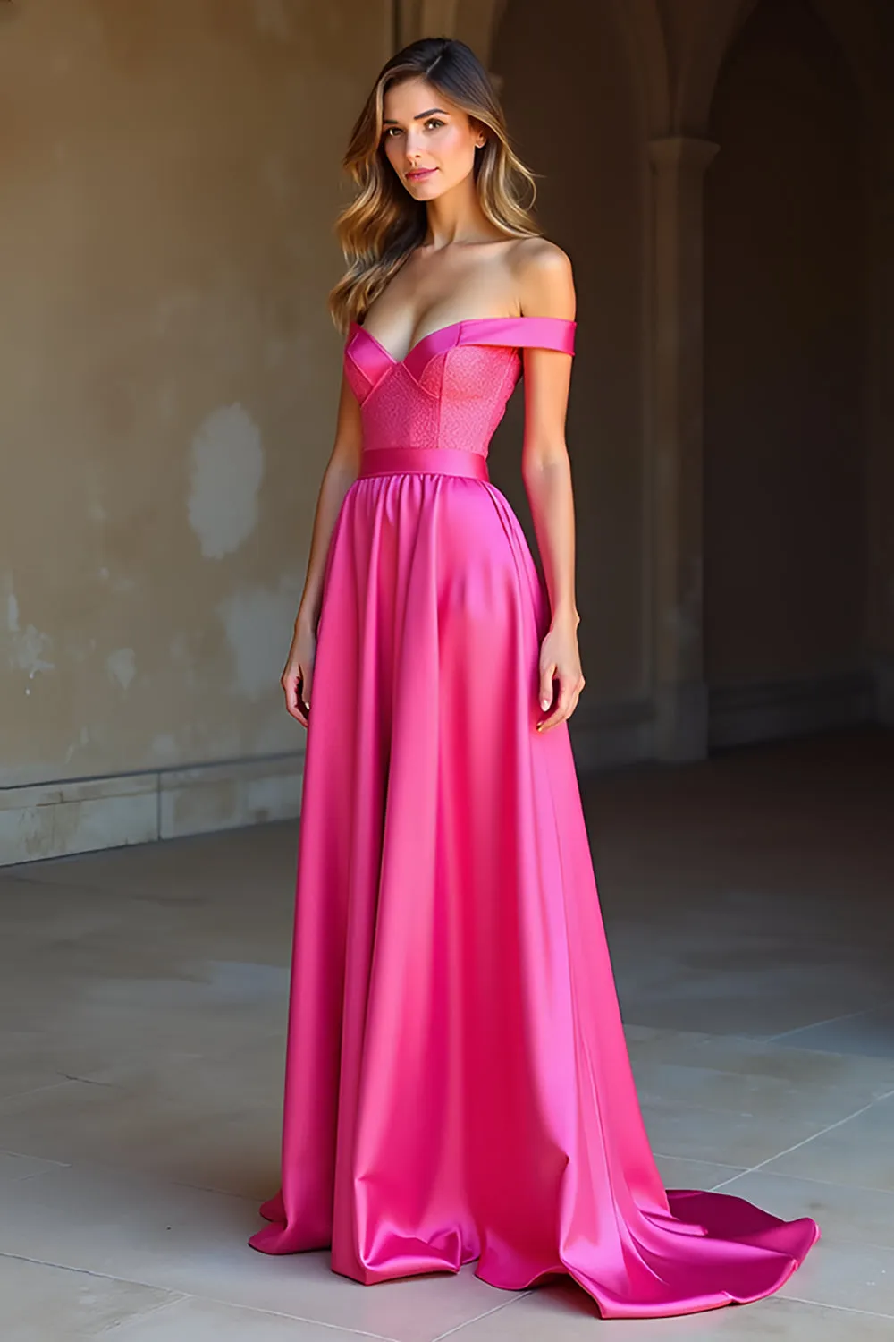 Satin Off The Shoulder A Line Simple Fuchsia Prom Dress sold by Zapaka product image thumbnail 3