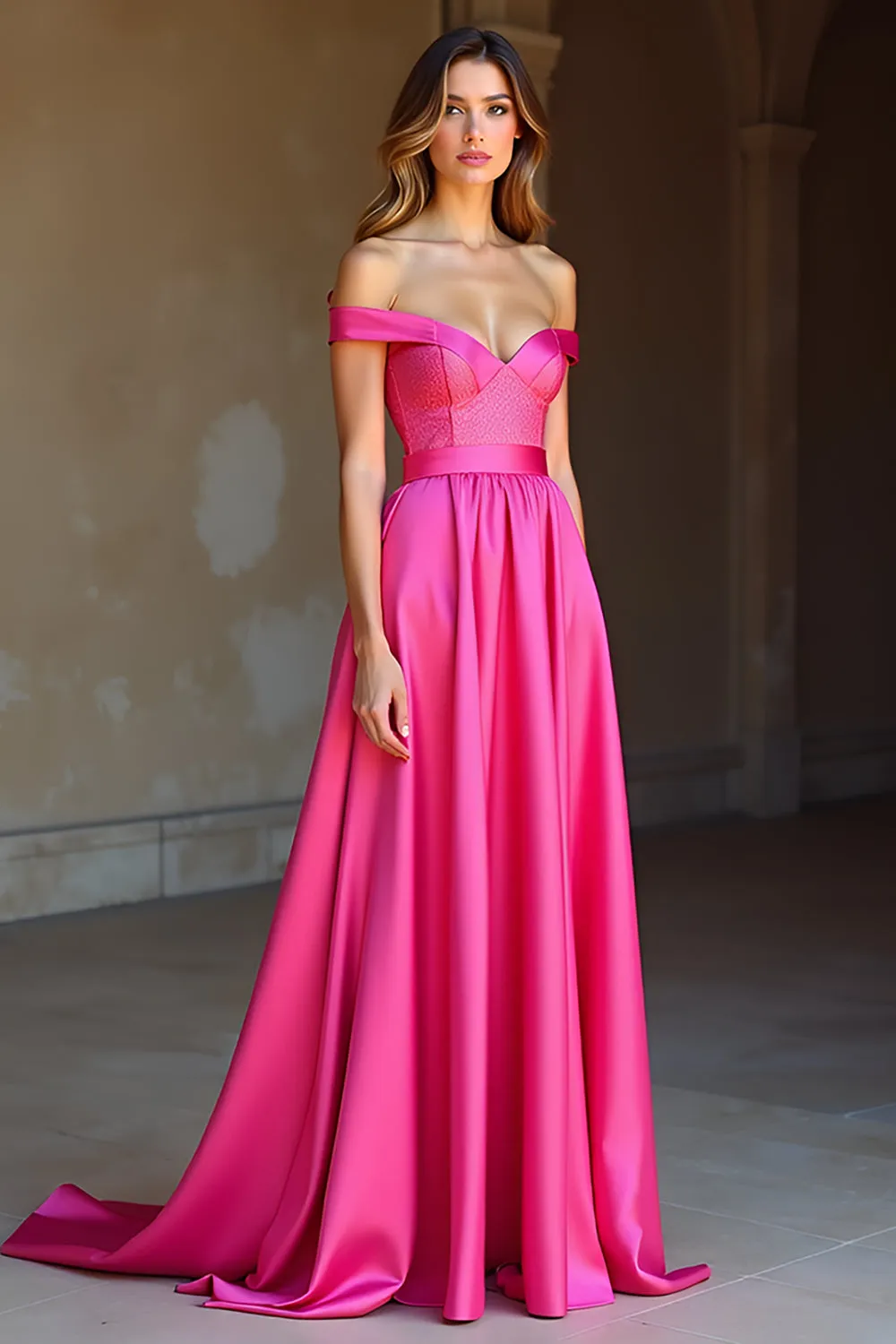 Satin Off The Shoulder A Line Simple Fuchsia Prom Dress sold by Zapaka