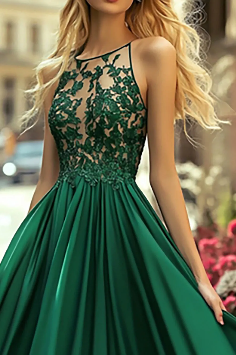 Dark Green Satin A Line Appliqued Long Prom Dress sold by Zapaka product image thumbnail 2