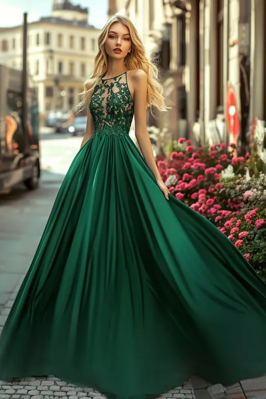 Dark Green Satin A Line Appliqued Long Prom Dress made by Zapaka