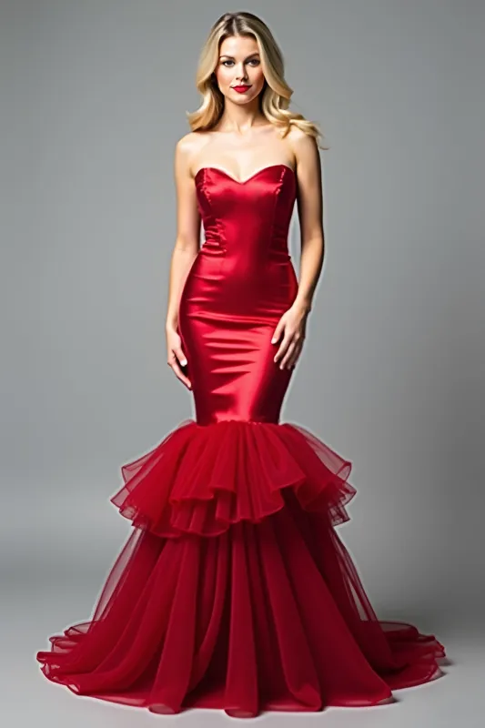Red Mermaid Strapless Satin Tulle Prom Dress sold by Zapaka