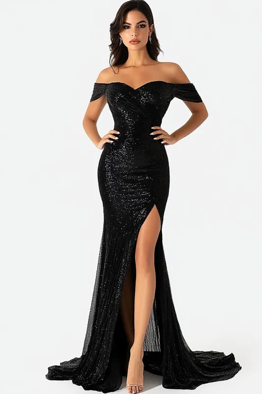 Sparkly Off The Shoulder Mermaid Long Black Prom Dress with Slit sold by Zapaka