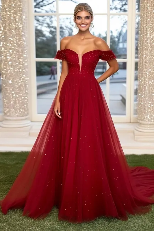 Sparkly Burgundy Ball Gown Off the Shoulder Tulle Long Prom Dress with Beading sold by Zapaka
