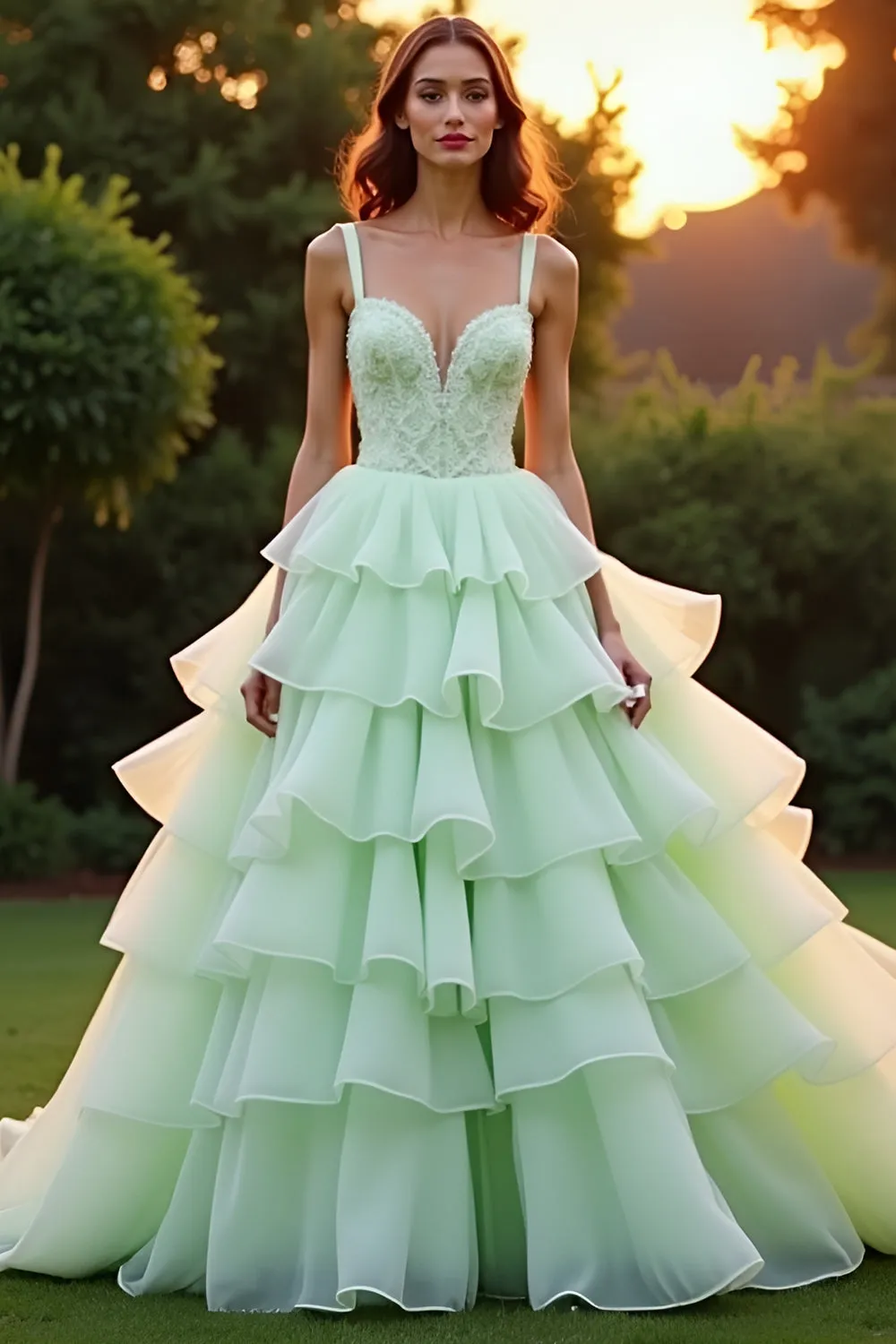 Green A Line Sweetheart Tiered Ruffled Prom Dress sold by Zapaka