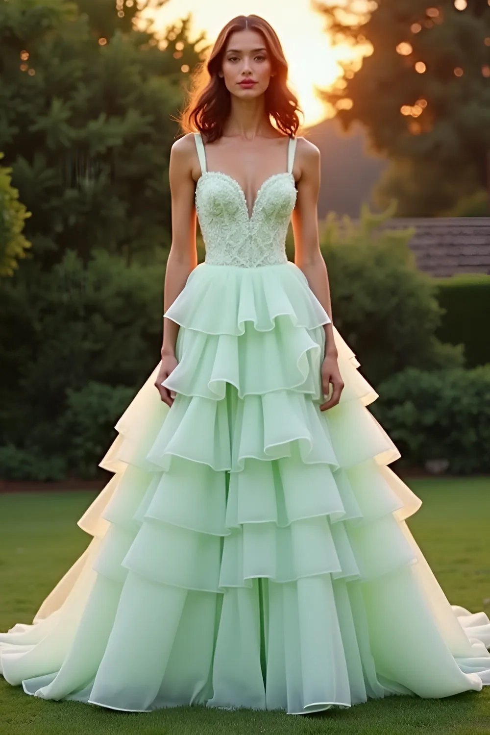Green A Line Sweetheart Tiered Ruffled Prom Dress sold by Zapaka product image thumbnail 3