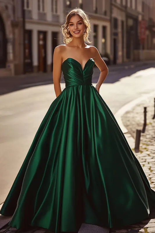 Satin Dark Green A Line Sweetheart Long Prom Dress sold by Zapaka