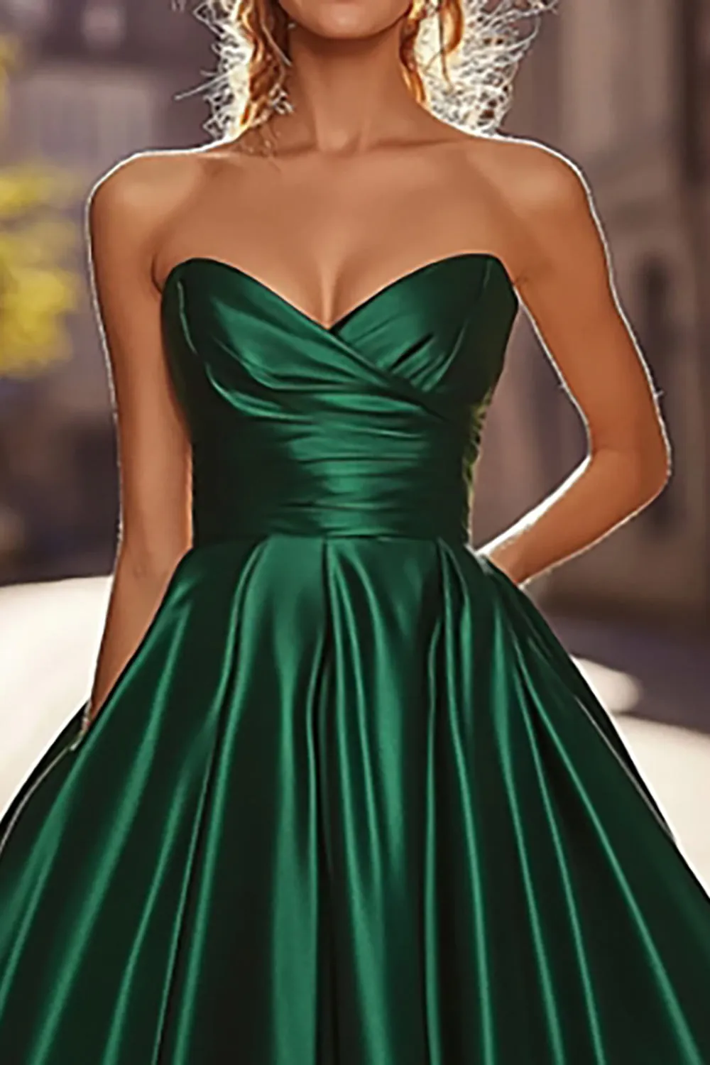 Elegant Ruched Dark Green A Line Satin Long Prom Dress sold by Zapaka product image thumbnail 2