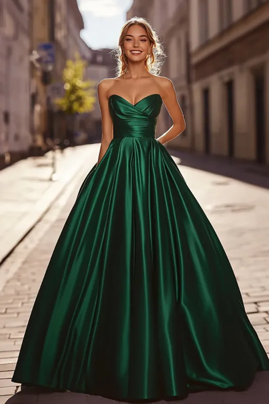 Elegant Ruched Dark Green A Line Satin Long Prom Dress sold by Zapaka