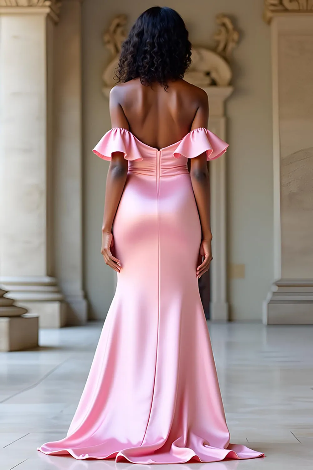 Elegant Off The Shoulder Pink Satin Long Prom Dress with Slit sold by Zapaka product image thumbnail 2