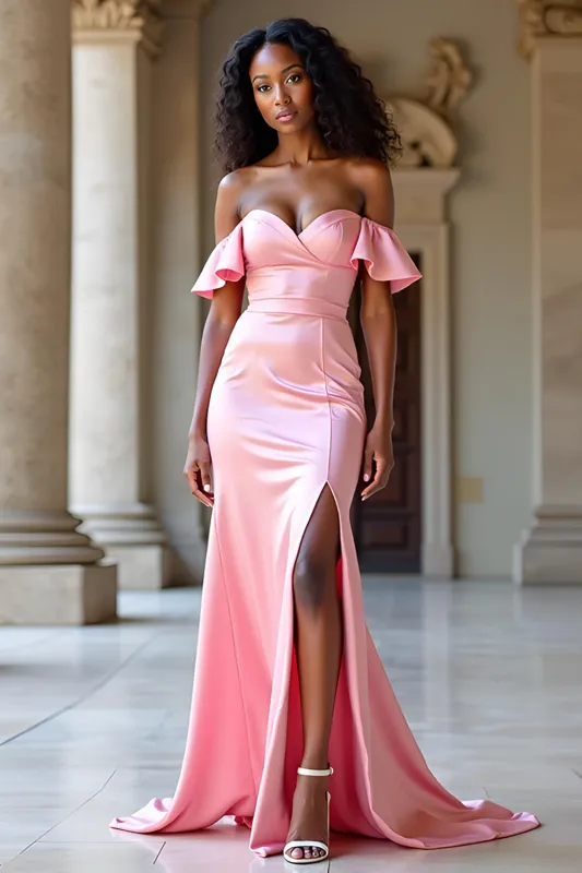Elegant Off The Shoulder Pink Satin Long Prom Dress with Slit sold by Zapaka