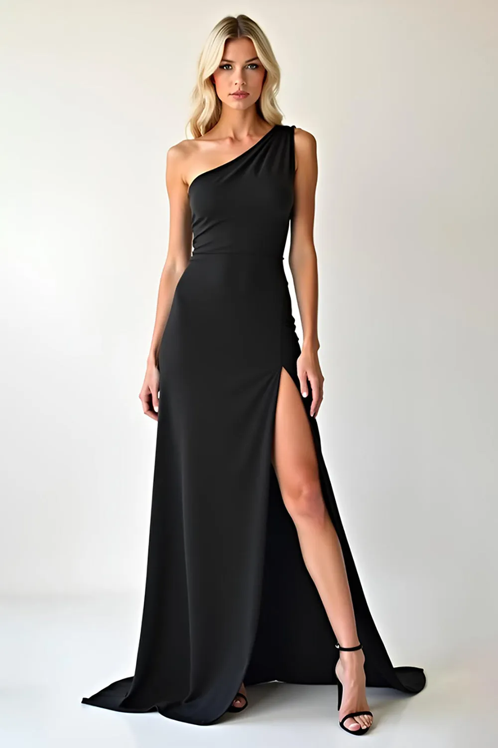 Elegant Chiffon Black One Shoulder Prom Dress with Slit sold by Zapaka