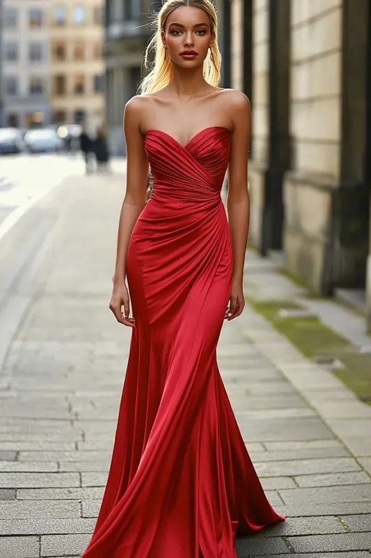 Red Sweetheart Mermaid Ruched Satin Prom Dress sold by Zapaka