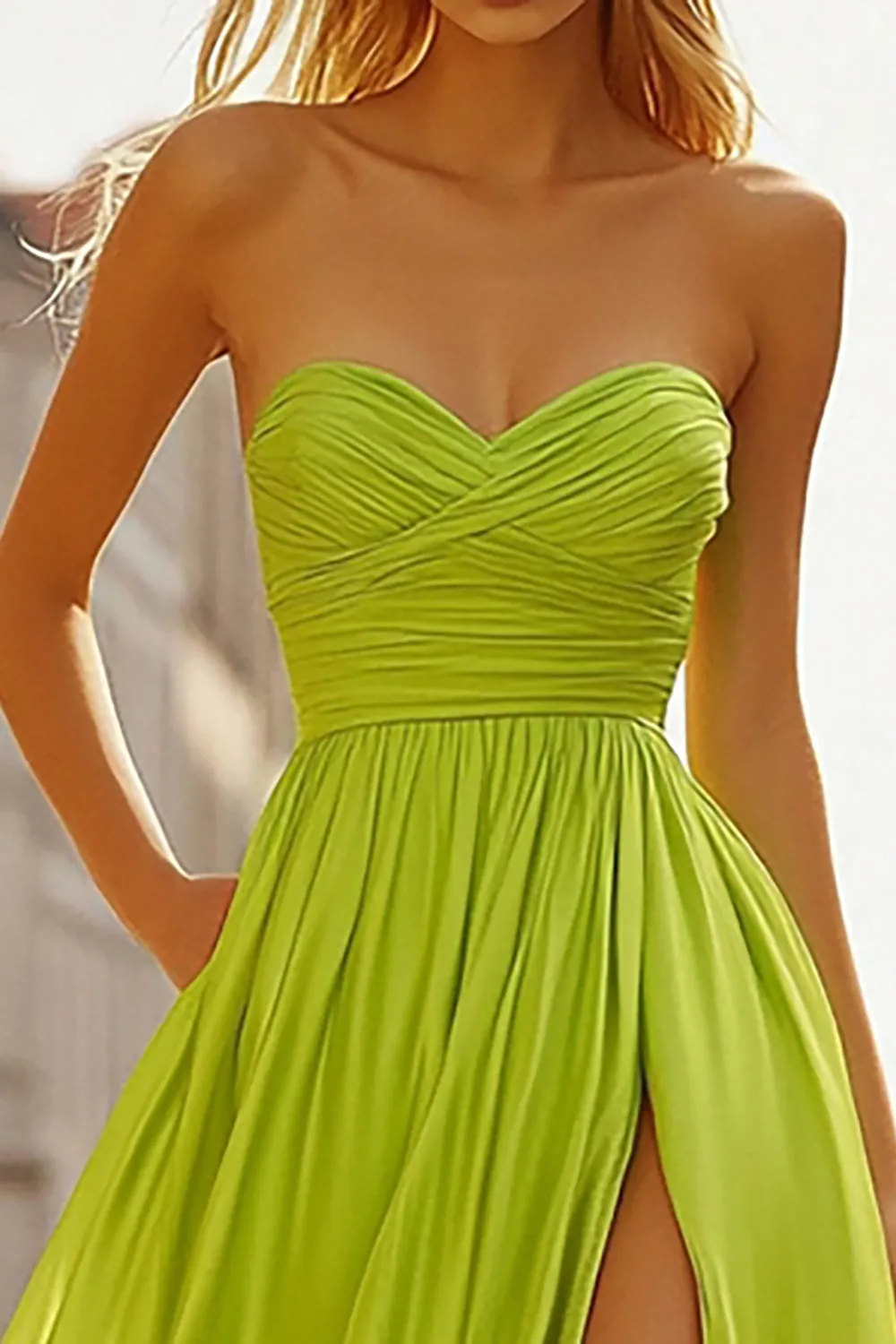 Lemon Green A Line Sweetheart Ruched Chiffon Prom Dress sold by Zapaka product image thumbnail 2