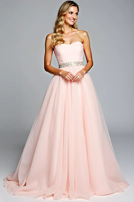Light Pink Strapless A Line Tulle Prom Dress with Beading sold by Zapaka
