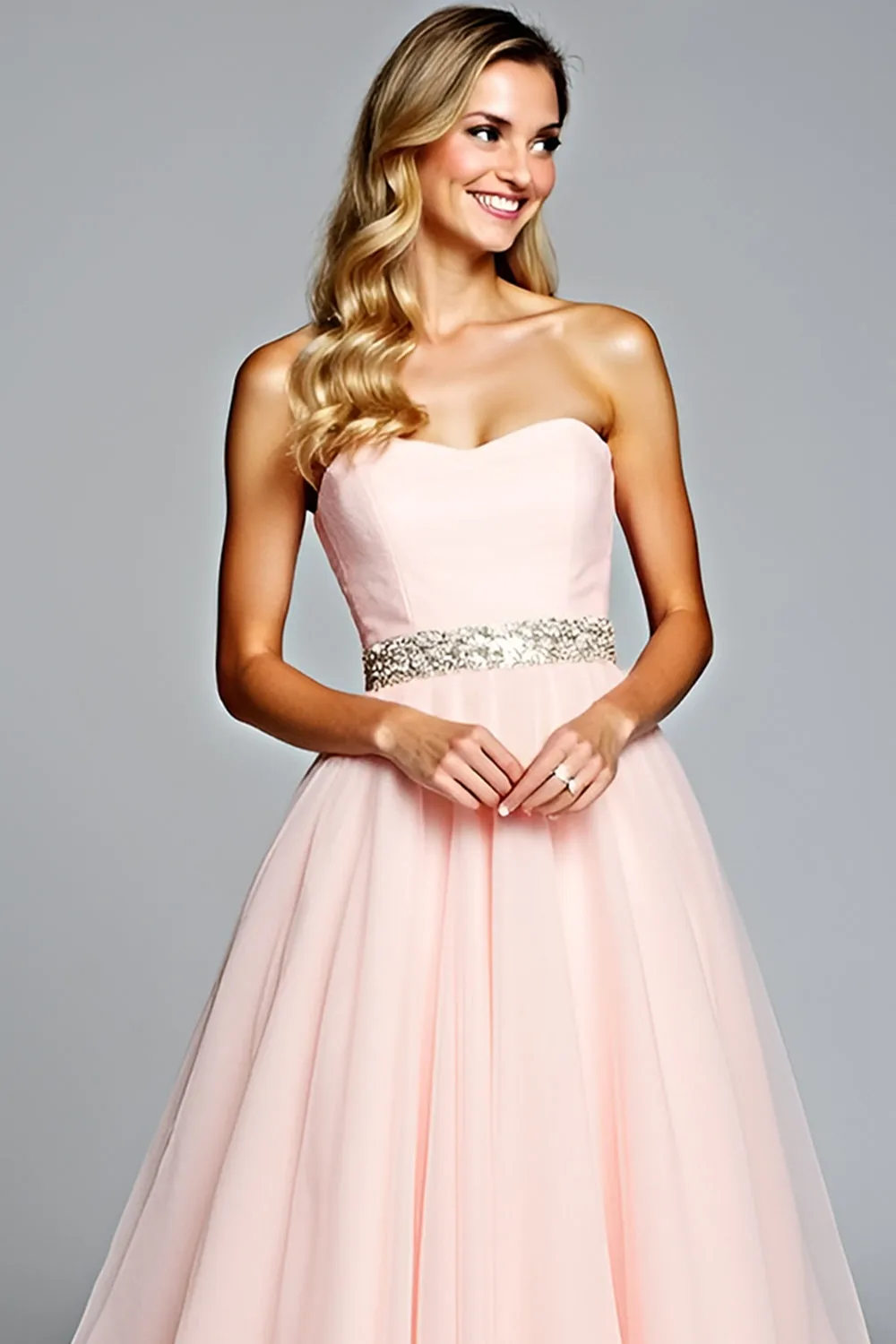 Light Pink Strapless A Line Tulle Prom Dress with Beading sold by Zapaka product image thumbnail 3