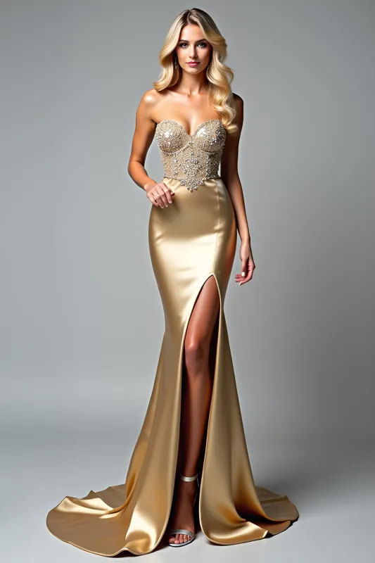 Golden Strapless Beaded Mermaid Prom Dress with Slit sold by Zapaka