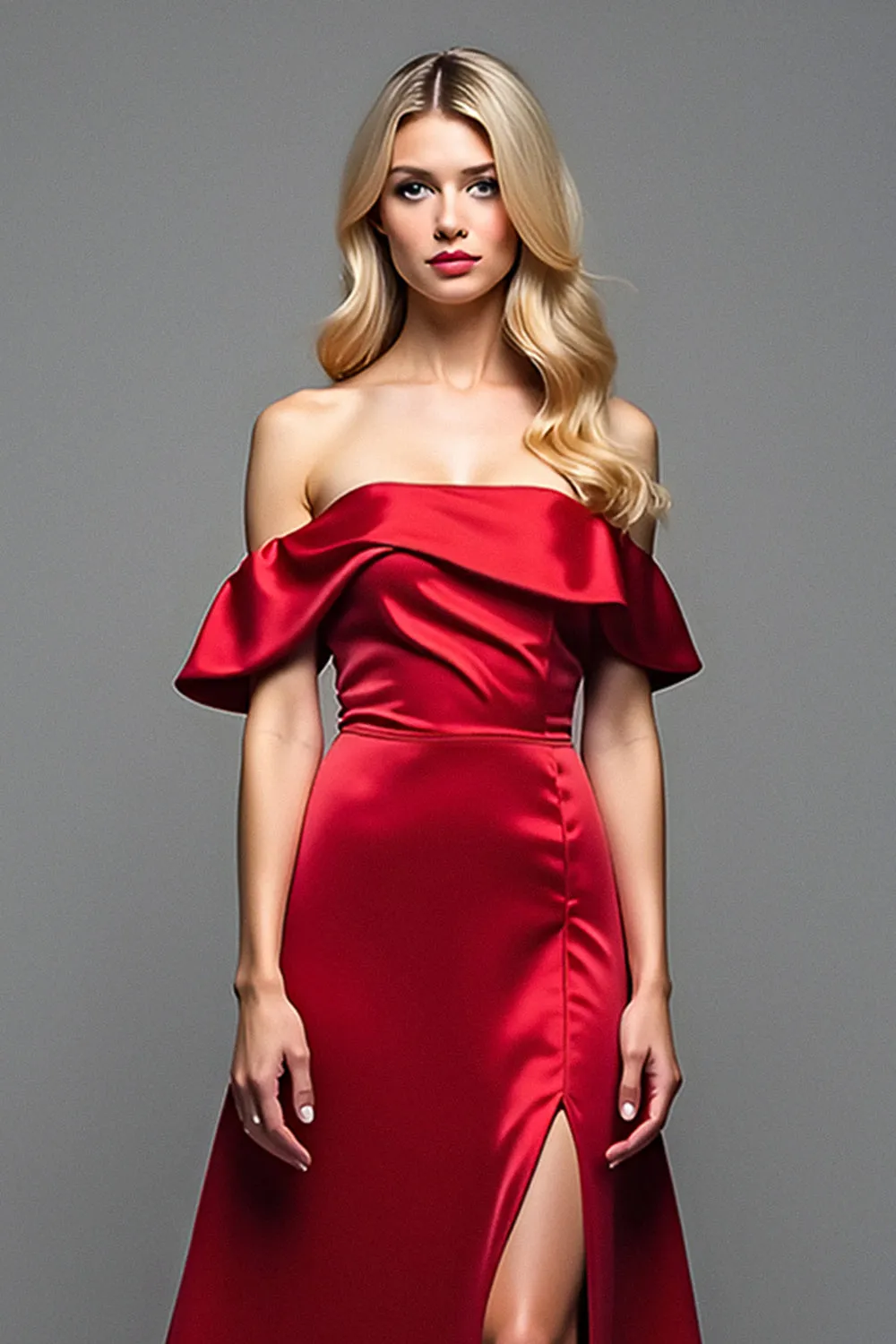Off the Shoulder Burgundy Satin A Line Prom Dress with Slit sold by Zapaka product image thumbnail 2