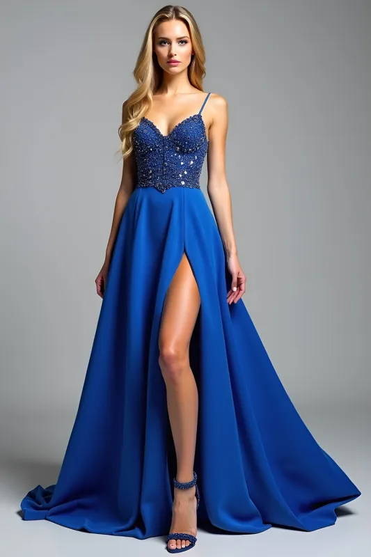 Spaghetti Straps Royal Blue A Line Beads Prom Dress with Slit sold by Zapaka