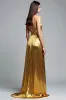 Golden A Line Deep V-Neck Backless Ruched Prom Dress sold by Zapaka
