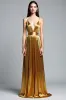 Golden A Line Deep V-Neck Backless Ruched Prom Dress sold by Zapaka
