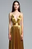 Golden A Line Deep V-Neck Backless Ruched Prom Dress sold by Zapaka