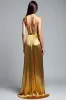Golden A Line Deep V-Neck Backless Ruched Prom Dress sold by Zapaka