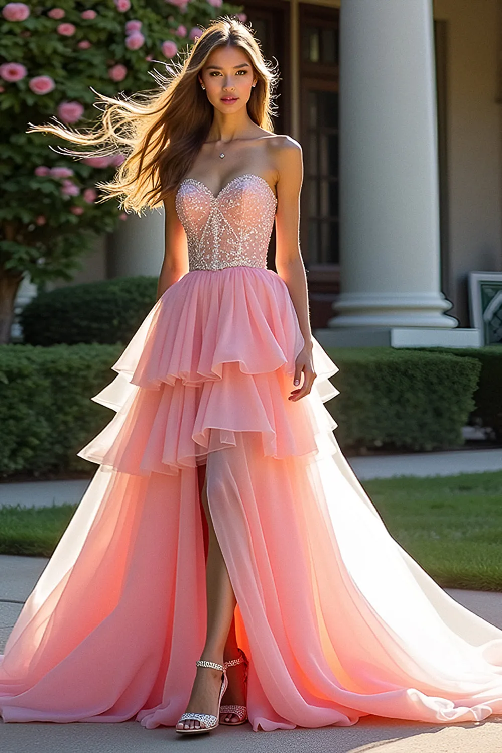 Pink Tulle Tiered Strapless Beaded Prom Dress with Slit sold by Zapaka product image thumbnail 2