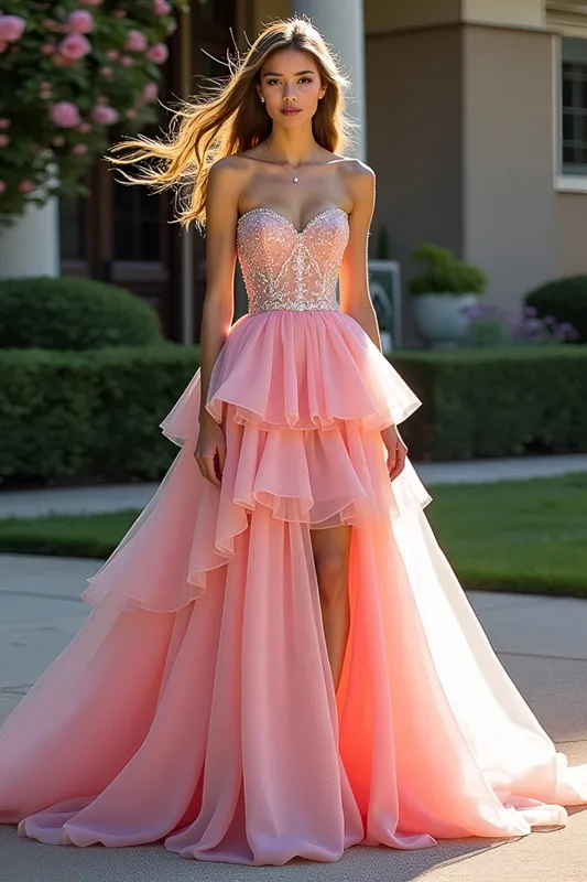 Pink Tulle Tiered Strapless Beaded Prom Dress with Slit sold by Zapaka