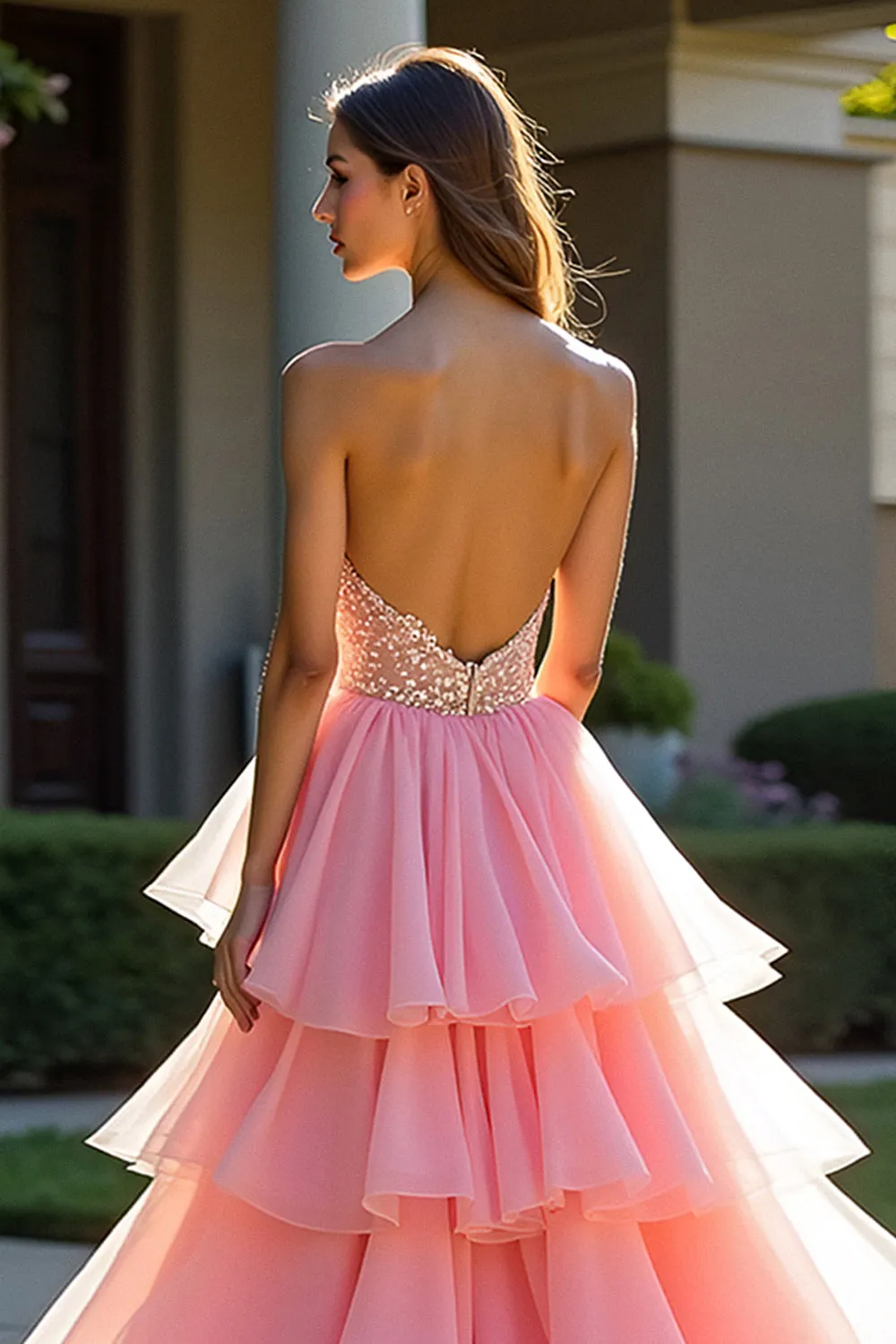 Pink Tulle Tiered Strapless Beaded Prom Dress with Slit sold by Zapaka product image thumbnail 4