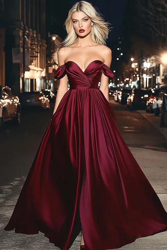 Burgundy A Line Off The Shoulder Long Satin Prom Dress sold by Zapaka