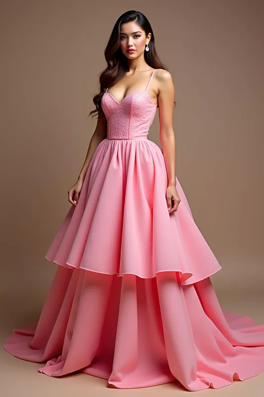 Sparkly Pink A Line Spaghetti Straps Sequined Corset Long Prom Dress With Ruffles sold by Zapaka