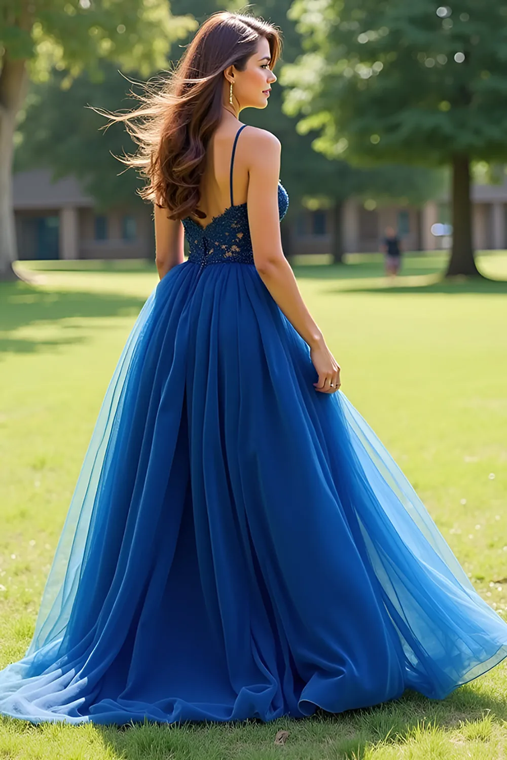 Navy Spaghetti Straps Tulle A-Line Long Prom Dress with Appliques sold by Zapaka product image thumbnail 3