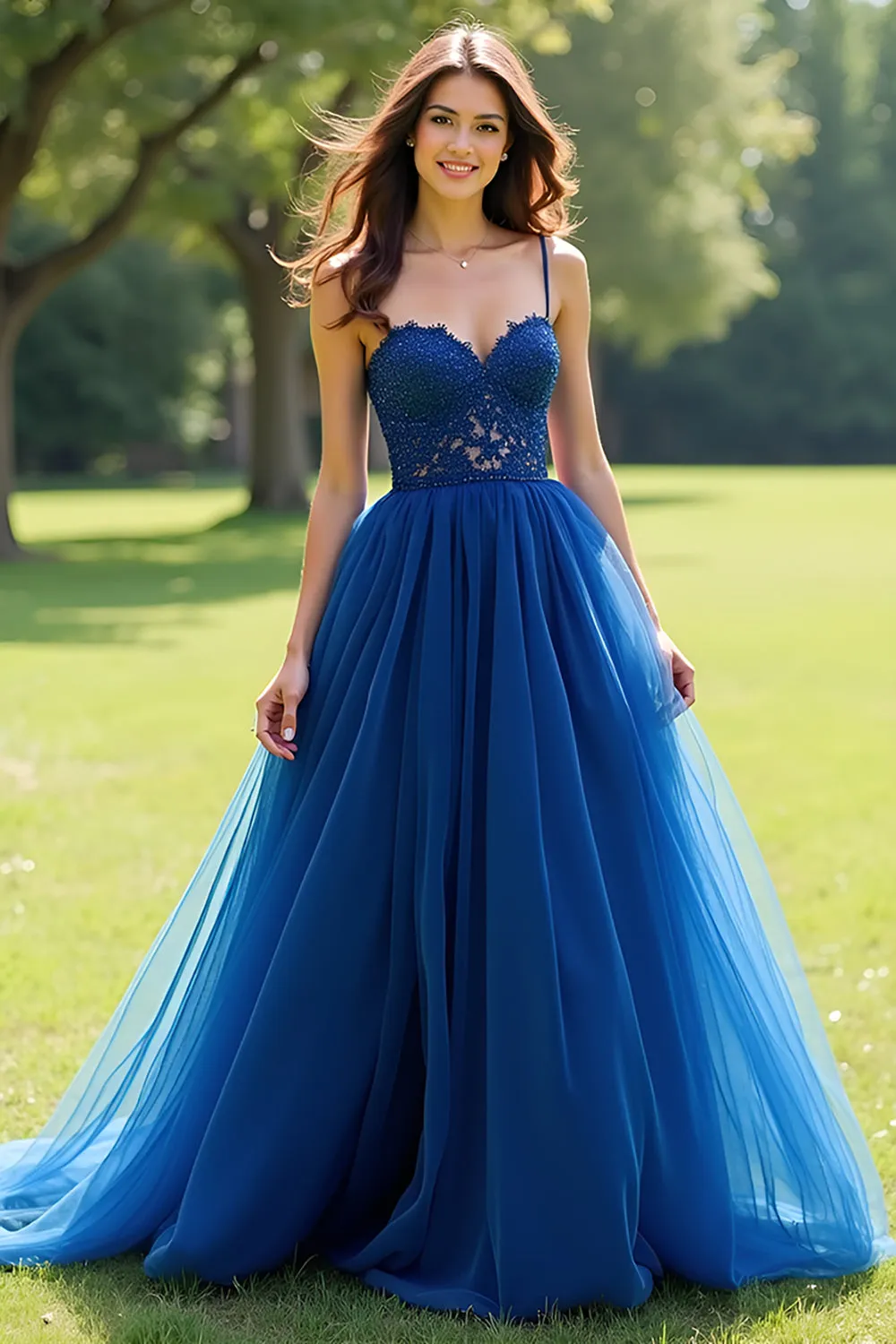 Navy Spaghetti Straps Tulle A-Line Long Prom Dress with Appliques sold by Zapaka