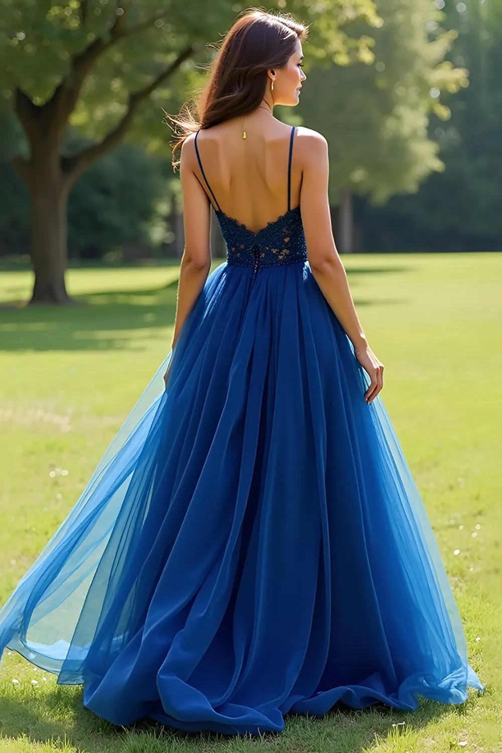 Navy Spaghetti Straps Tulle A-Line Long Prom Dress with Appliques sold by Zapaka product image thumbnail 2