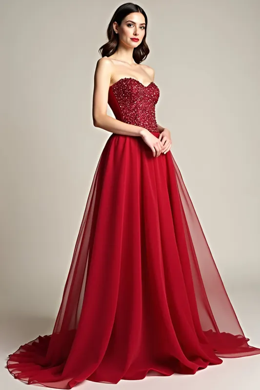 A Line Sequin Burgundy Strapless Tulle Long Prom Dress sold by Zapaka