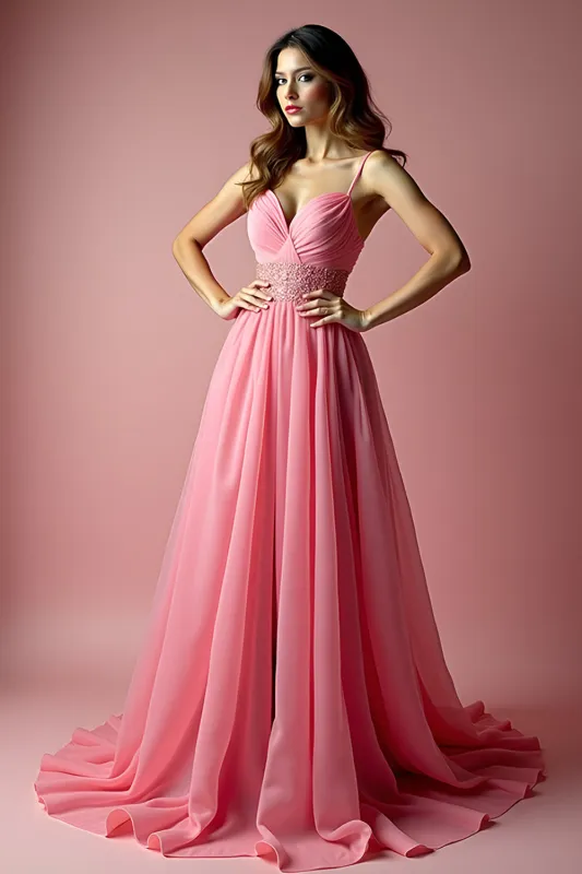 Sparkly Pink A Line Spaghetti Straps Sequined Long Prom Dress sold by Zapaka